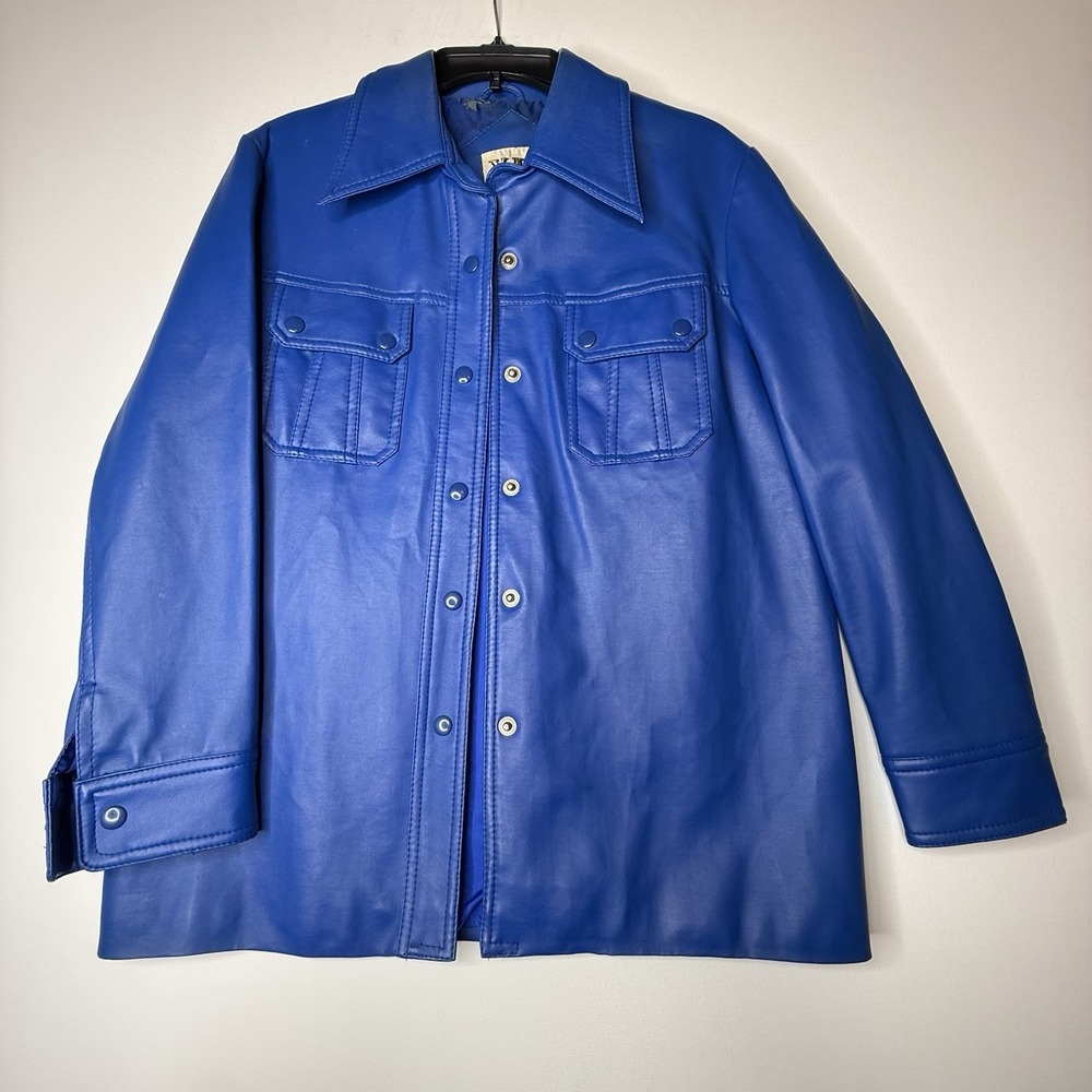 Vintage VII Vinyl Jacket 80's Blue Button Up Men's Large